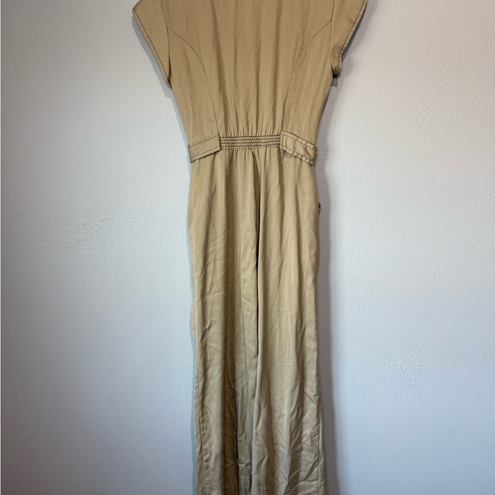 Vintage Khaki Safari Utility Jumpsuit Button Front Wide Leg Women’s XS/S - Picture 3 of 5